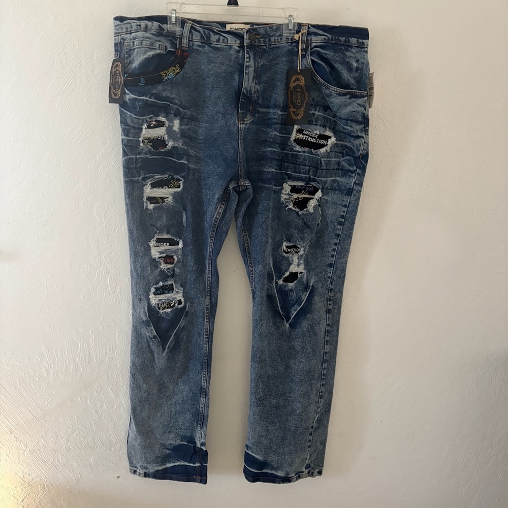 NEW FWRD Denim‎ & Co. Mens Blue Slim Fit Jeans Distressed 46x33 Graffiti Sayings